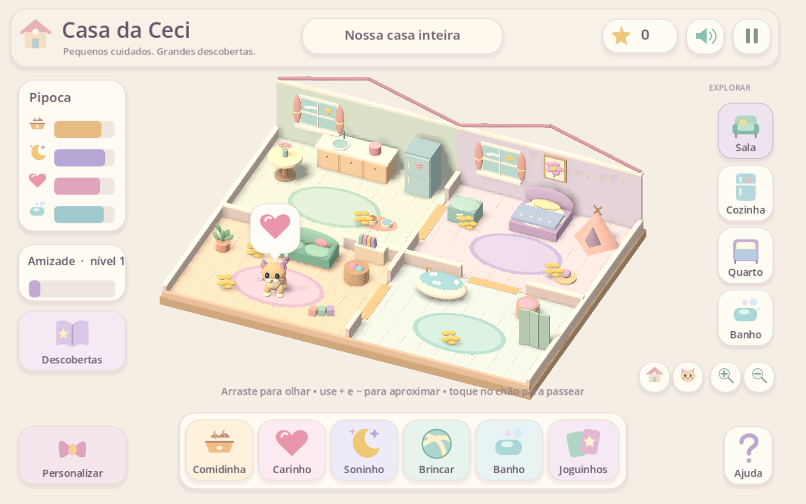 Imagem do jogo: casa 3D em tons pastel com sala, cozinha, quarto e banheiro conectados e botões ilustrados.